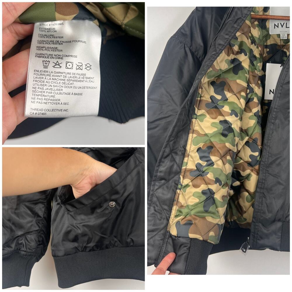 NVLT x Anthropologie Faux Fur Collar Bomber Jacket L Black Aviator Camo lined - Picture 8 of 10